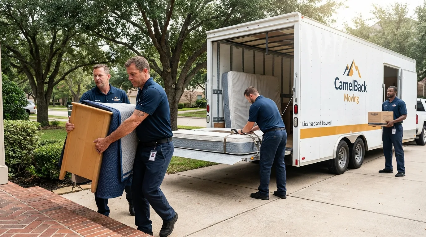 Crew loading residential truck for cross-state move from Lake Mills, IA