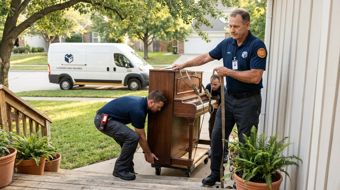 Licensed piano movers securing grand piano in Lake Mills, IA