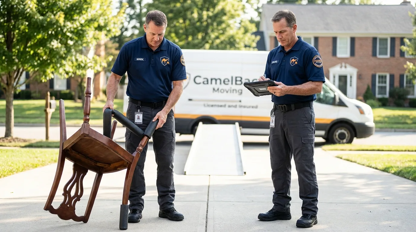 Movers inspecting furniture for damage prevention before loading in Lake Mills, IA