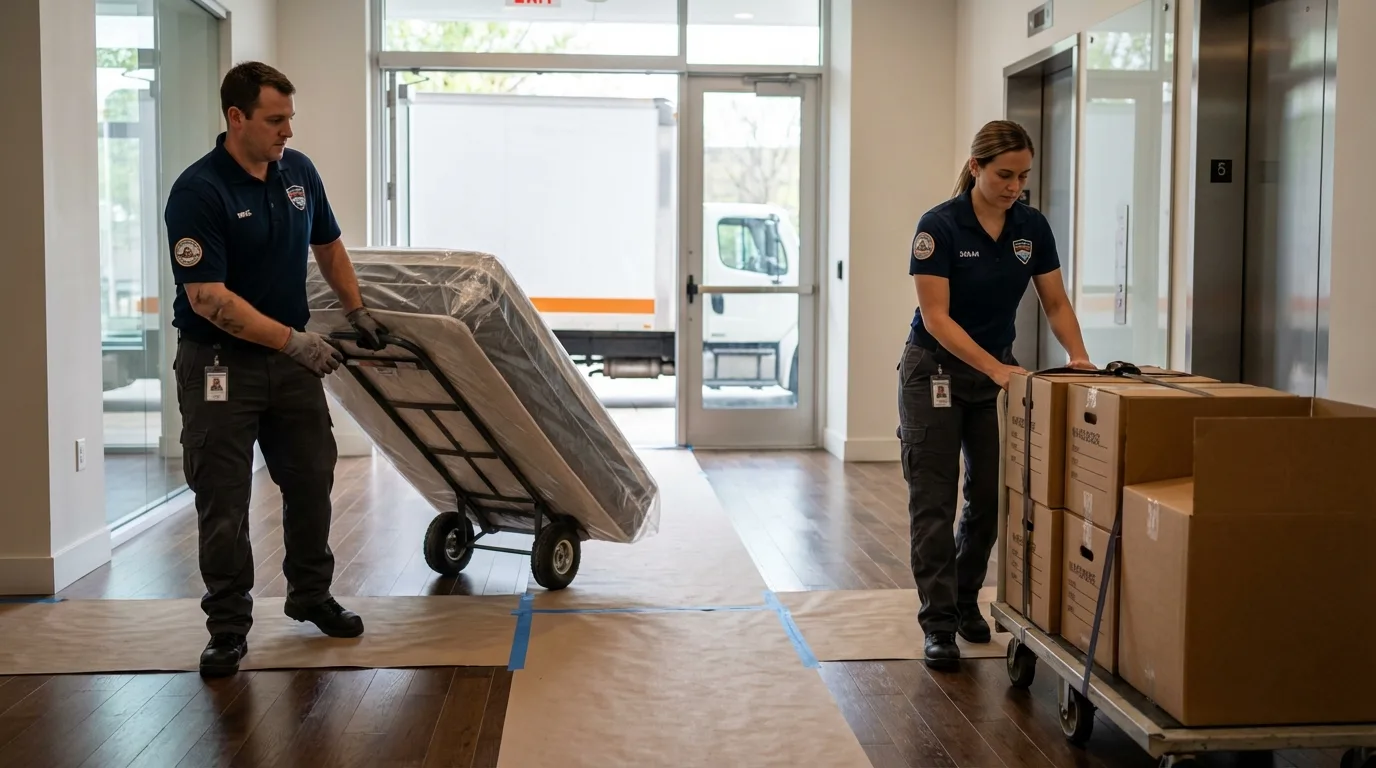 Professional apartment movers loading elevator in Lake Mills, IA