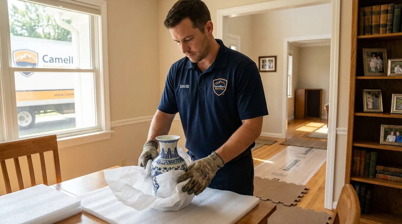 Professional crew carefully wrapping antique vase for senior downsizing move in Lake Mills, IA